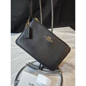 COACH F87590 DOUBLE ZIP PEBBLE LEATHER WRISTLET WALLET Black Never Used.